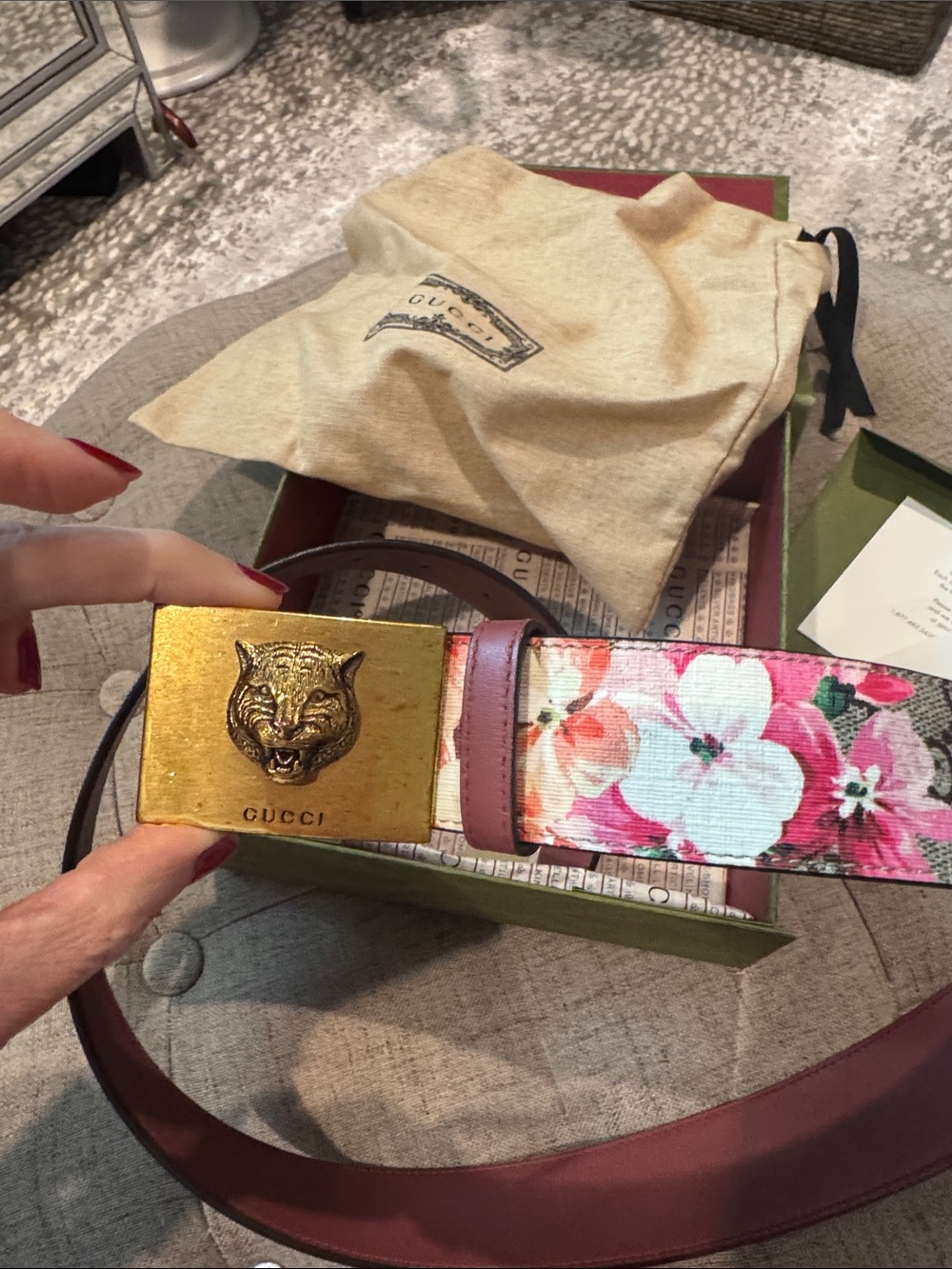 Gucci Pink Floral Leather Belt with Gold Tiger Buckle